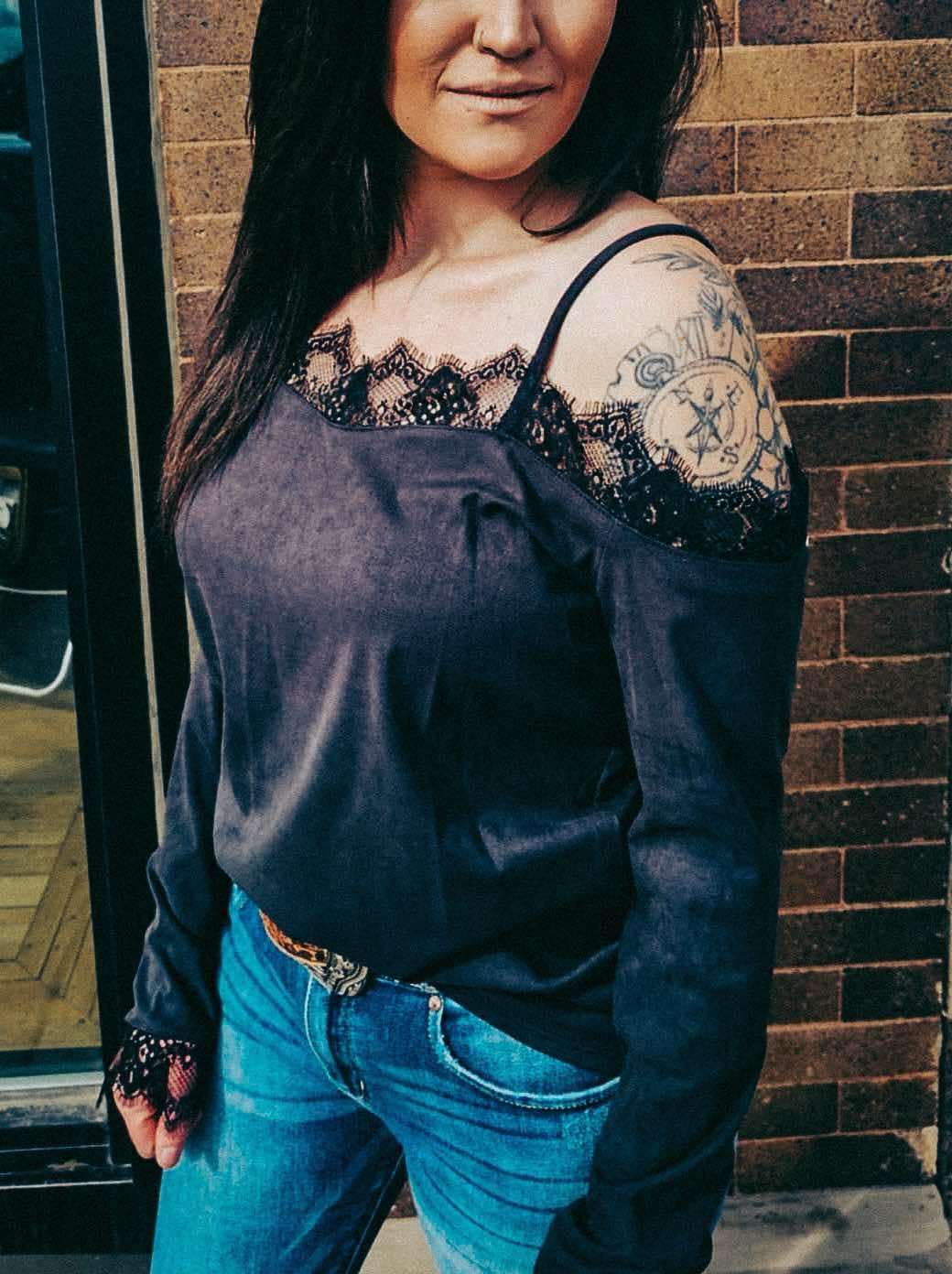 Black Lace Faux Suede Top