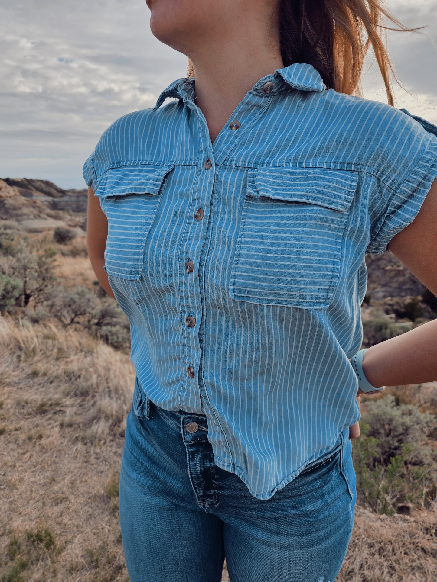 Chambray Button Down Tab Sleeve Shirt