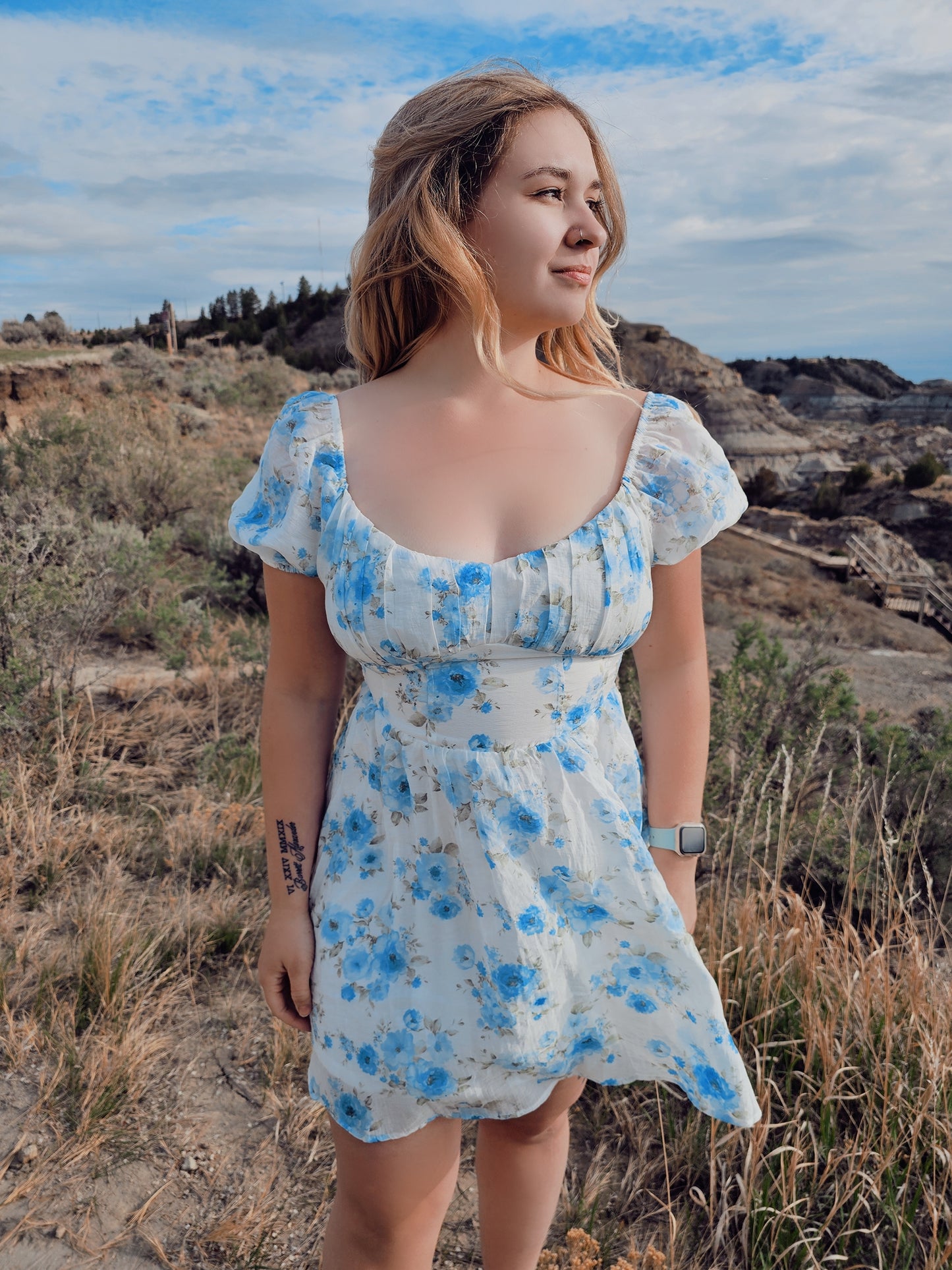 Blue Multi Floral Corset Detail Mini Dress
