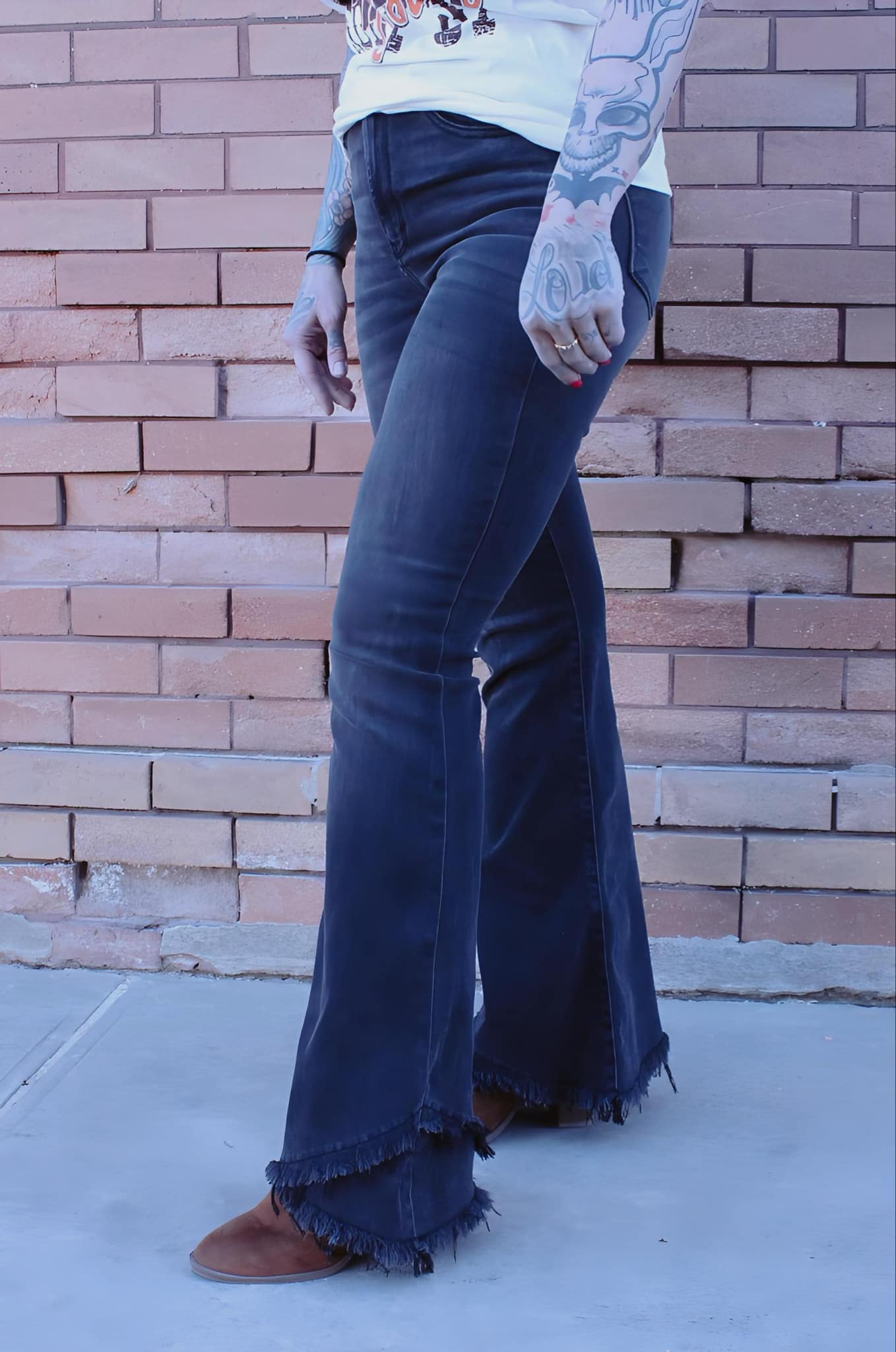 Black Flare With Mock Fray Tulip Hem Jeans