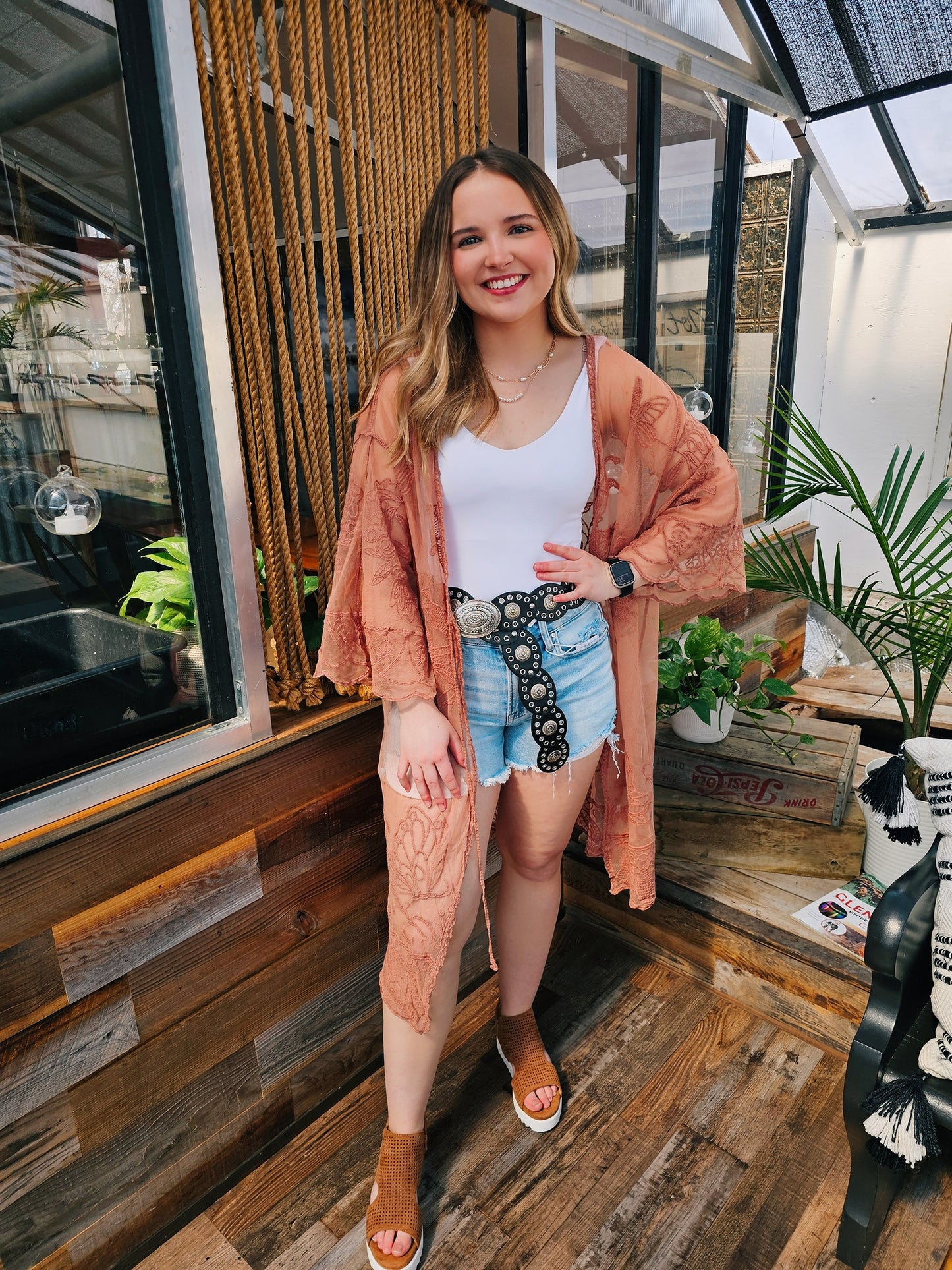 Brown Sheer Embroidered Lace Kimono