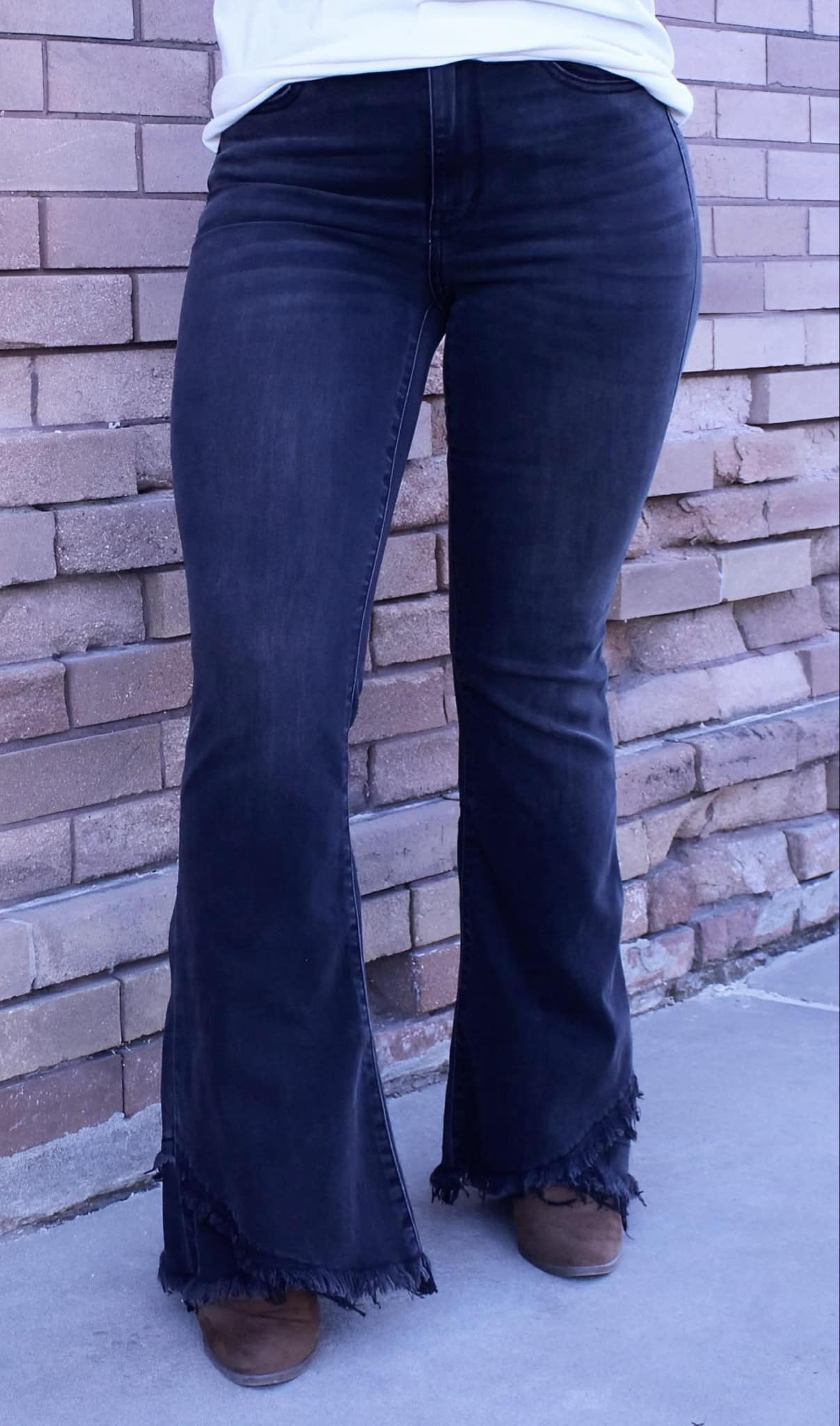 Black Flare With Mock Fray Tulip Hem Jeans